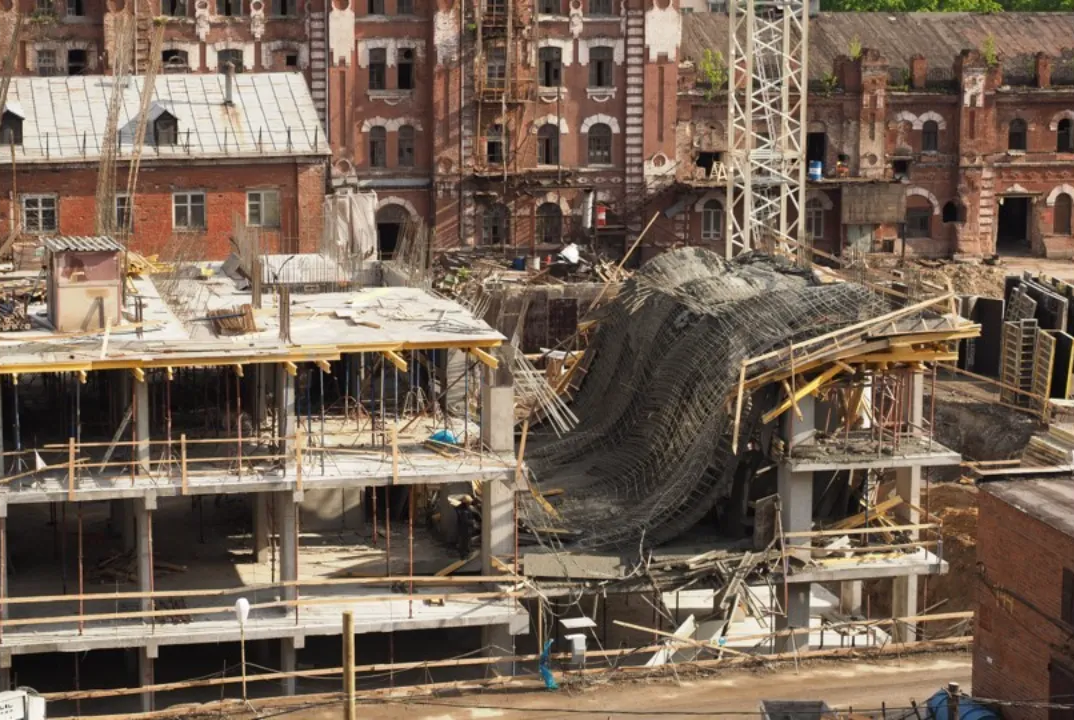 Structural collapse of a reinforced concrete floor structure due to temporary support overloading.